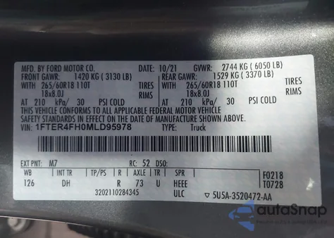 2021 Ford Ranger Lariat from USA, damaged, VIN 1FTER4FH0MLD95978